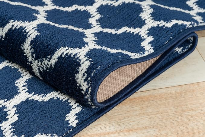 Custom Size Cut to Length Moroccan Trellis Design Runner Rug Mat For Wide Long Hallways with Non-Slip Rubber Backing, Better Traction for Pets, Prevent Slippage, Trellis Navy Blue, 31 inch X 5 feet