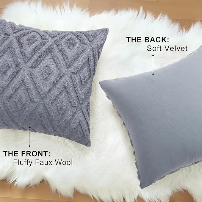 decorUhome Couch Throw Pillow Covers 24x24 Set of 2, Decorative Soft Plush Faux Wool Neutral Accent Pillow Covers for Bed Sofa Living Room, Blue Grey