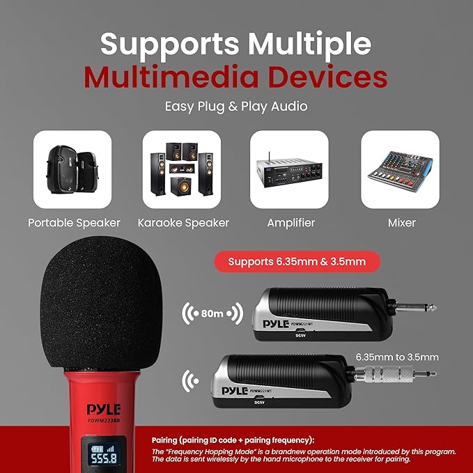 Pyle Portable UHF Band Receiver System, 4 Channel Wireless Microphone System Independent Channel Controls, RF Signal LCD Indicator, Digital Audio Microphone Set with 4 Handheld Microphones