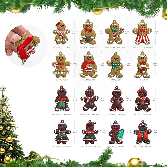 Christmas Decorations - 16-Piece Gingerbread Man Ornaments for Christmas Tree Set with Gift Box, 3 Inch Assorted Hanging Decor for Christmas Tree, Indoor Home, Office & Holiday Party Decoration