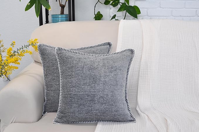Stitched Edge Soft Throw Pillow Covers Dark Grey 20x20 inches Set of 2 Textured Velvet Gray Chenille Cushion Covers Farmhouse Decorative Pillow Covers for Living Room, Chairs, Couch