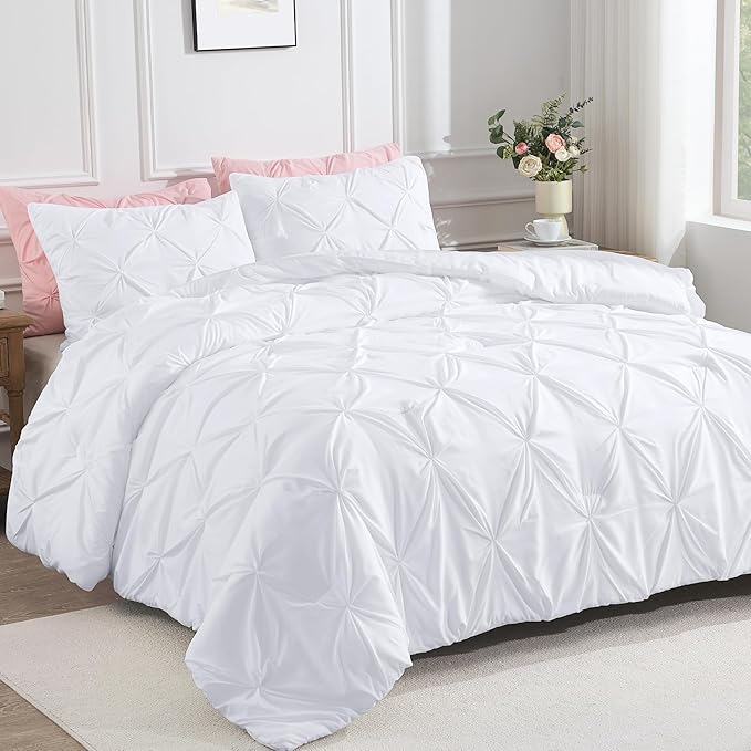 Andency White Oversized King Comforter Set (120x98Inch), 3 Pieces Lightweight Pinch Pleat Cal King Bedding Comforters & Sets, Oversized Pintuck Soft Fluffy Down Alternative Bed Set for All Season