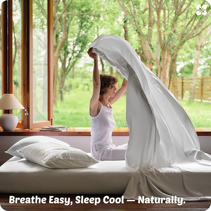 Bedsure Cooling Sheets, Rayon Derived from Bamboo & Cotton Blend, GentleSoft, Breathable, Queen Sheet Set, Deep Pocket Up to 18 Inches, Hotel Luxury Bedding for Hot Sleepers, White