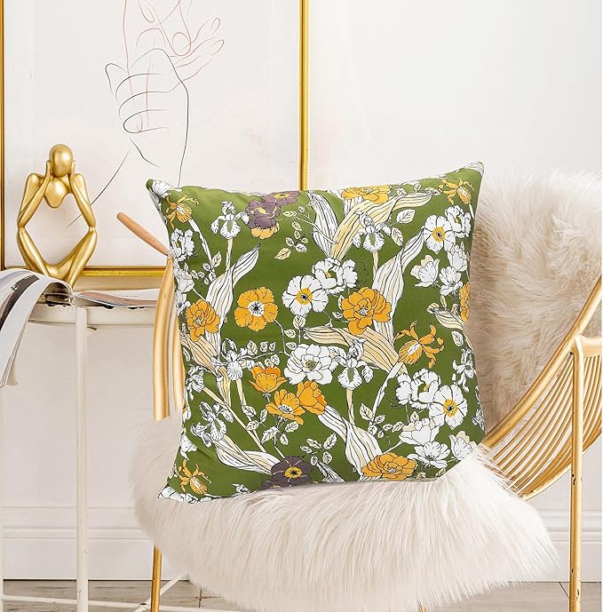 Decorative Throw Pillow Covers Set of 2 Green Pillow Covers 18x18 inch Soft Short Plush Square Freesia Floral Throw Pillows,Farmhouse Outdoor Pillow Covers for Couch Sofa Bed Living Room