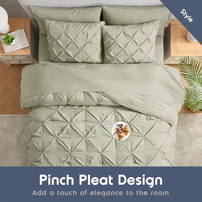 Nestl California King Comforter Set 7 Piece - Pintuck Cal King Comforter Set Light Sage, California King Bed in a Bag, All Season Bed Set with Flat Sheet and Fitted Sheet, Pillowcases and Shams