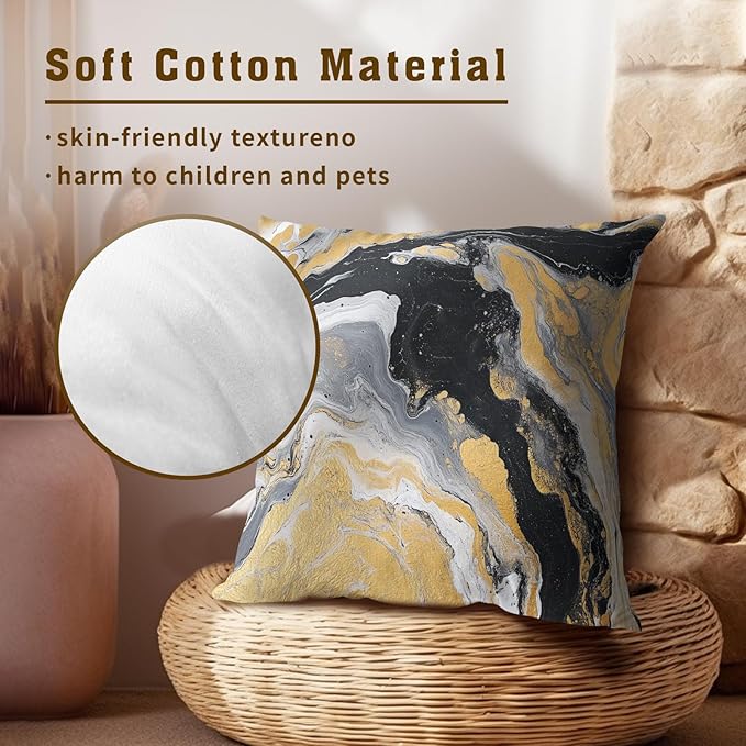 Black Yellow Marble Pillow Covers - Grey Silver Marbles Throw Pillow Covers Abstract Fluid Art Ink Pillowcases 16x16 Set of 2 Decorative for Couch Sofa Car Bedroom