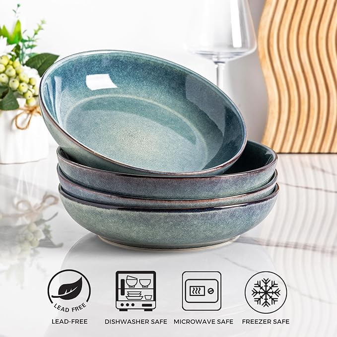 AmorArc 8.5'' Large Ceramic Pasta Bowls Set, 36oz Stoneware Bowls Set of 4 for Kitchen, Reavtive Glaze Bowls-Microwave, Dishwasher Safe for Pasta,Salad,Oatmeal-Ceylon Blue