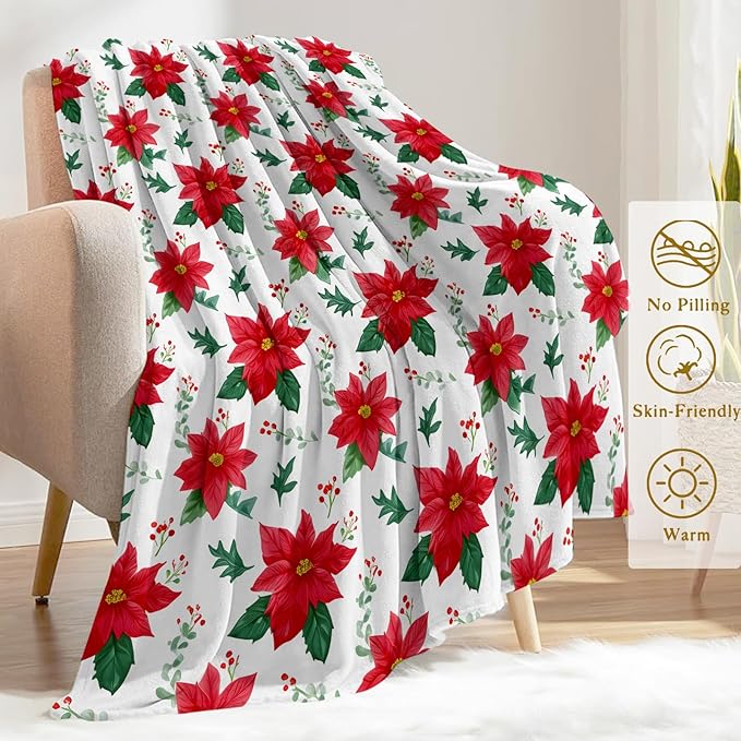 Christmas Decorative Blanket, Watercolor Poinsettia Leaf and Berry Print Throw Decoration, Soft Flannel Winter Blankets for Couch Bed Sofa, Holiday Home Decor, Xmas Festival Gifts 50x60 Inch