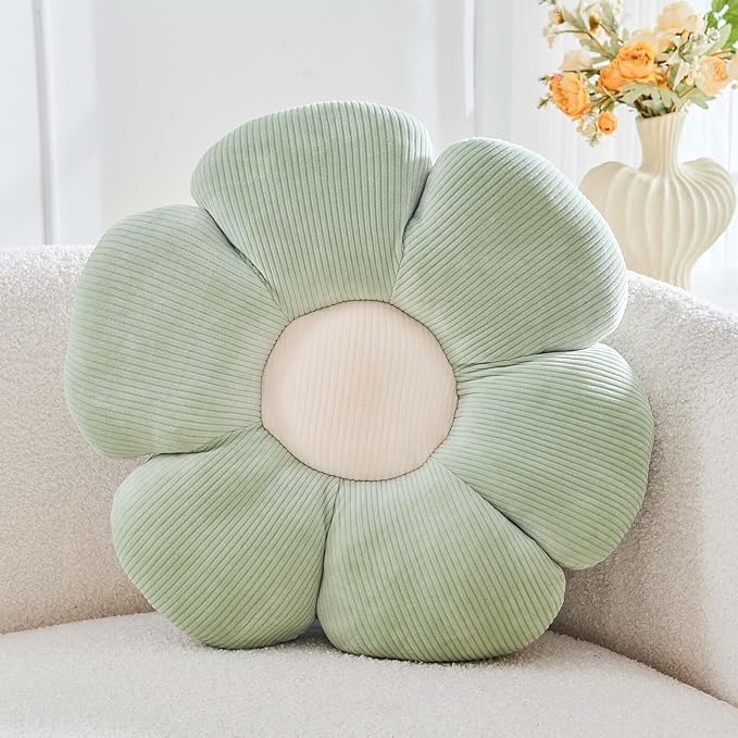 Sage Green Flower Pillow, 19.6" Cute Flower Shaped Floor Pillow, Aesthetic Floral Plush Daisy Decorative Throw Pillows for Bed Sofa Couch