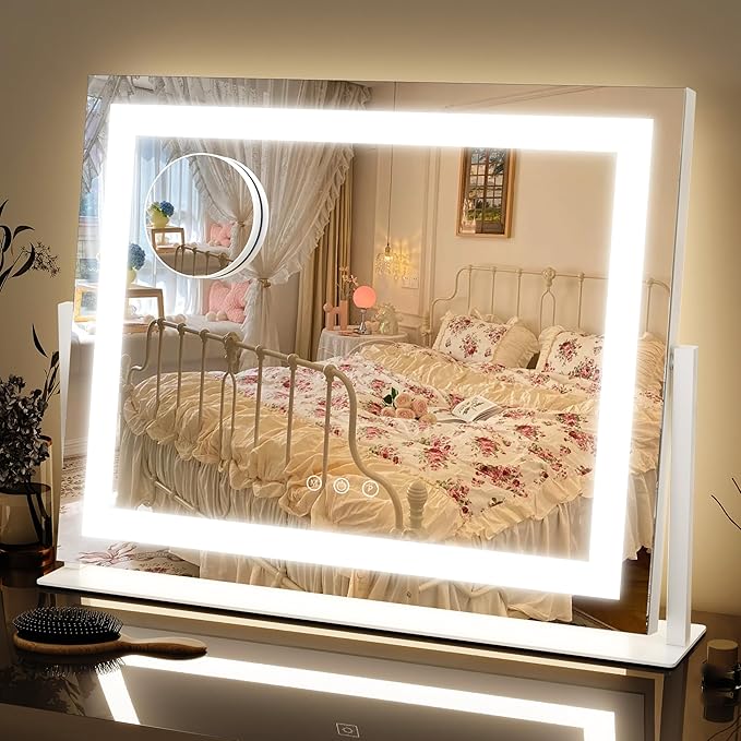 FENNIO Vanity Mirror with Lights 22''x18'' Makeup Mirror with Lights,Lighted Makeup Mirror with 10X Magnification and USB，Smart Touch Screen with 3-Color Lighting,Dimmable（Square White）