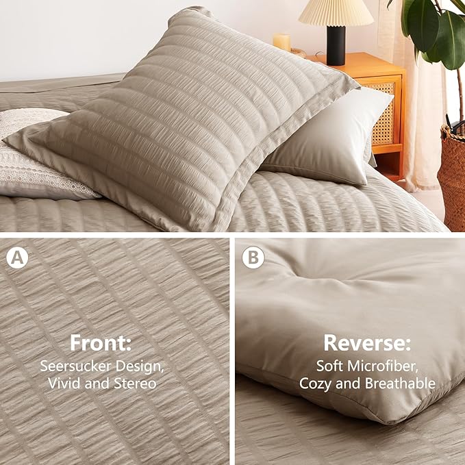 CozyLux Full Size Comforter Sets with Sheets Seersucker 7 Pieces Khaki Bed in a Bag Textured Luxury Soft Bedding Set with Down Alternative Comforter, Sheets, Pillowcases & Shams for All Seasons