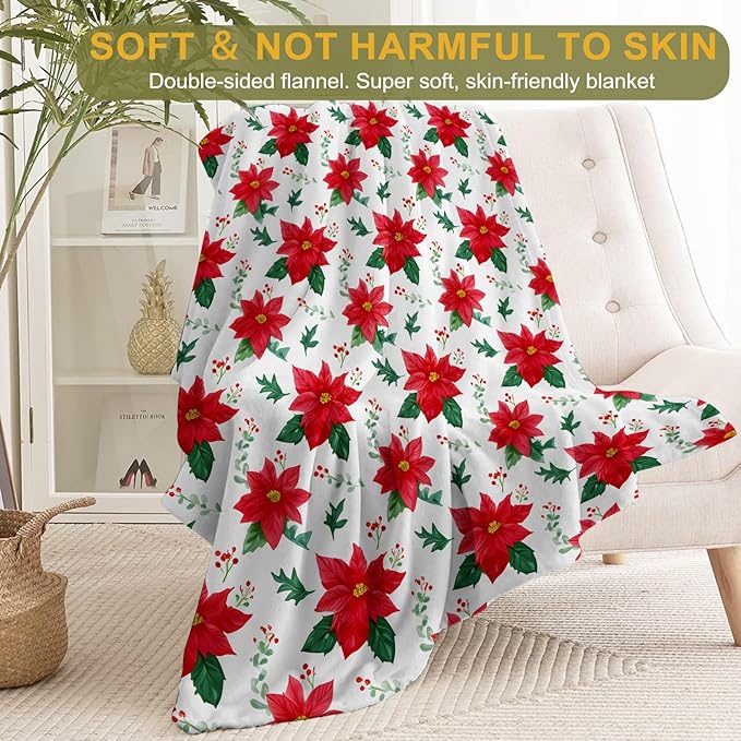 Christmas Decorative Blanket, Watercolor Poinsettia Leaf and Berry Print Throw Decoration, Soft Flannel Winter Blankets for Couch Bed Sofa, Holiday Home Decor, Xmas Festival Gifts 50x60 Inch