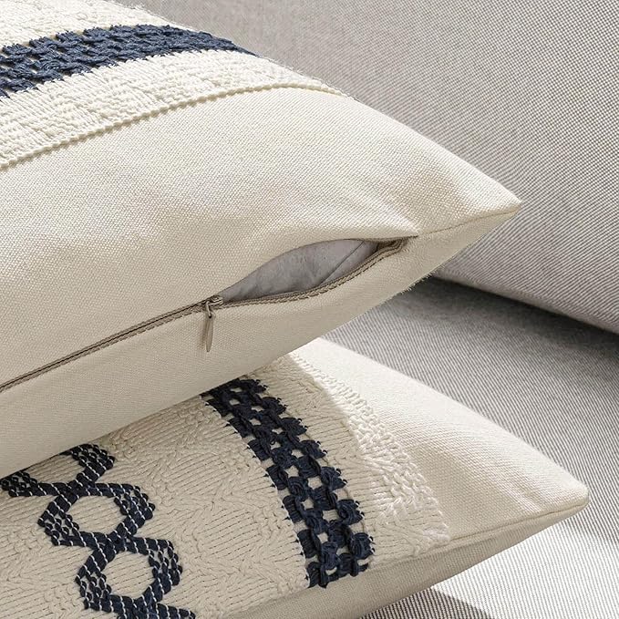 MIULEE Set of 2 Navy Blue Boho Decorative Lumbar Pillow Covers 12x20 Inch Farmhouse Rustic Couch Throw Pillows Modern Cotton Cushion Covers Retro Cute Macrame Woven Home Decor for Bed Sofa Chair