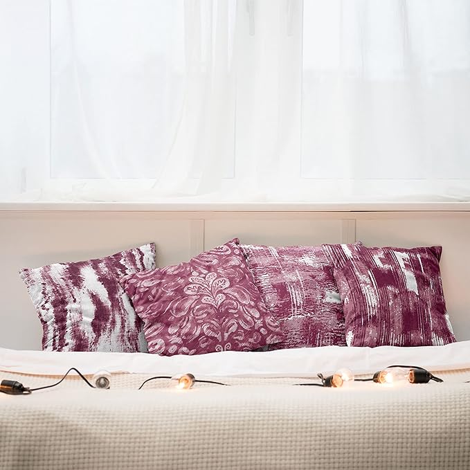 Ambesonne Vintage Throw Pillow Cushion Case Pack of 4, Abstract Grunge Effect Brushstrokes and Waving Striping Stains Paisley Drops, Modern Accent Double-Sided Digital Printing, 24", Raspberry Rose