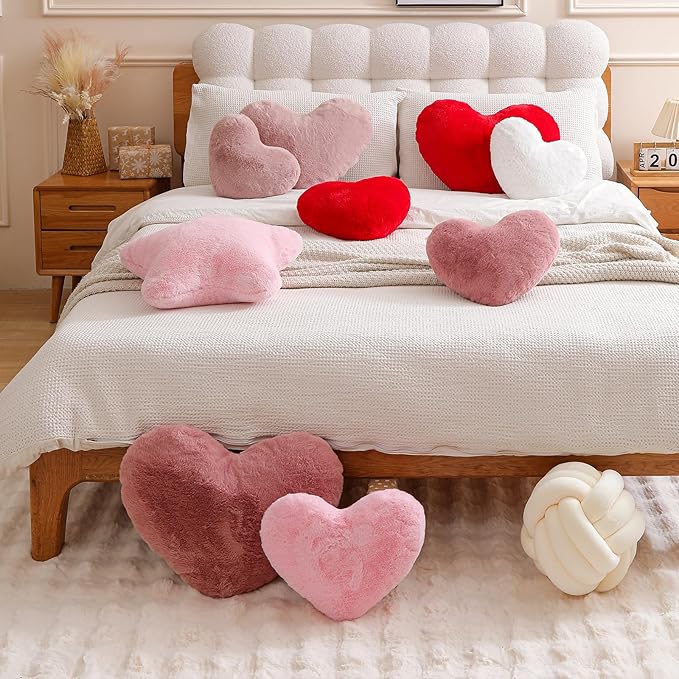 EastTree Heart Pillows, Dusty Pink Heart Shaped Pillows, Love Throw Pillows Gifts, Soft Faux Rabbit Fur Cute Pillows, Women Girls Kid Room Decor 10x13 Inch