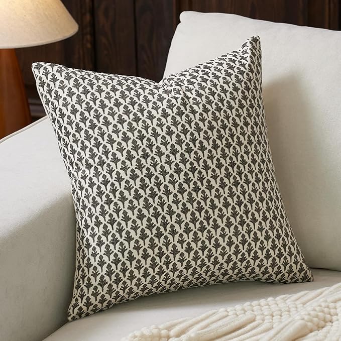 Floral Pillow Covers 24x24 Pillow Cover Block Print Couch Pillows for Living Room Decorative Neutral Accent Throw Pillow Covers, 1PC, Charcoal Black