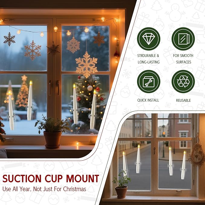 Flameless Taper Candles for Christmas Tree Decorations, Battery Operated Christmas Candles with Remote, 12 Pack Flickering LED Candlesticks with Clear Snowflake Hooks for Xmas Tree Decoration
