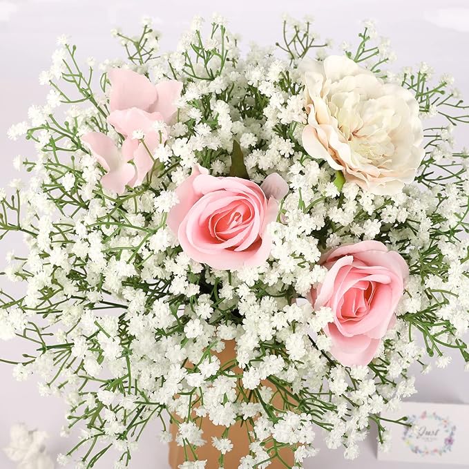N&T NIETING Babys Breath Artificial Flowers Bulk White, 24Pcs Fake Gypsophila Bouquet Flowers Real Touch Faux Babies Breath for Wedding Centerpieces, Party Decor, Home Floral Arrangements, White