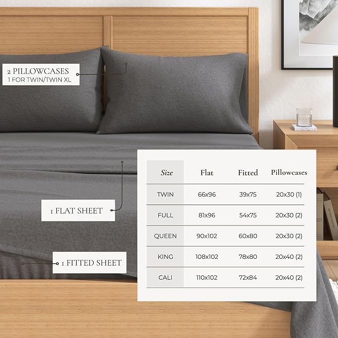 Flannel Sheet Set Full Size - Heathered Cotton Blend, Double-Brushed, Winter Bed Sheets - Ultra-Soft, Cozy, 4-Piece Rustic Bedding Set (Heathered Dark Grey)