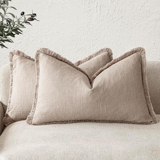 Foindtower Set of 2 Decorative Linen Fringe Lumbar Throw Pillow Covers Farmhouse Cushion Cover with Tassels Accent Pillowcase for Couch Sofa Bed Living Room Home Decor,12×20 Inch,Natural Linen