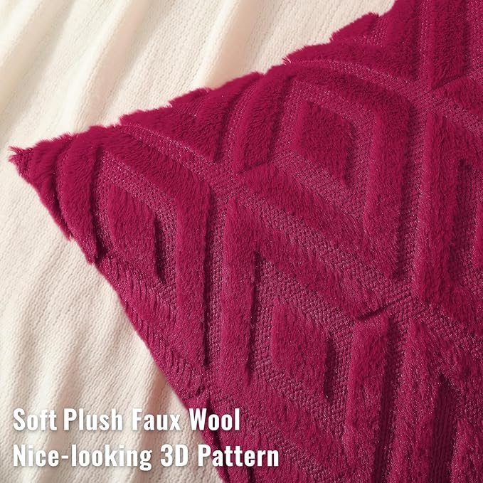 decorUhome Christmas Couch Throw Pillow Covers 26x26 Set of 2, Decorative Soft Plush Faux Wool Neutral Accent Pillow Covers for Bed Sofa Living Room, Burgundy
