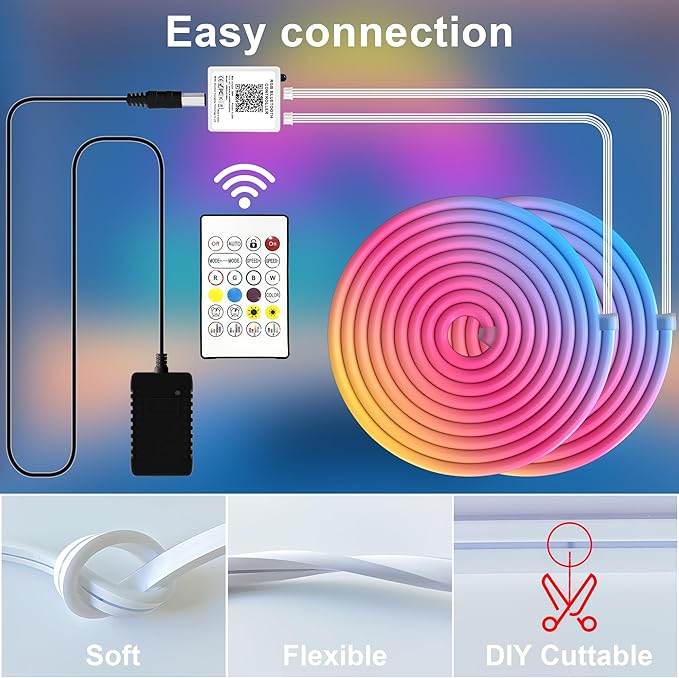 Cozylady 40Ft (20Ft *2 Rolls) RGB LED Neon Rope Lights for Bedroom, 12m LED Strip Lamp with Double Sided Adhesive Tape, App/Remote Control DIY Lights Decorate The Outdoor and Indoor of Your Home