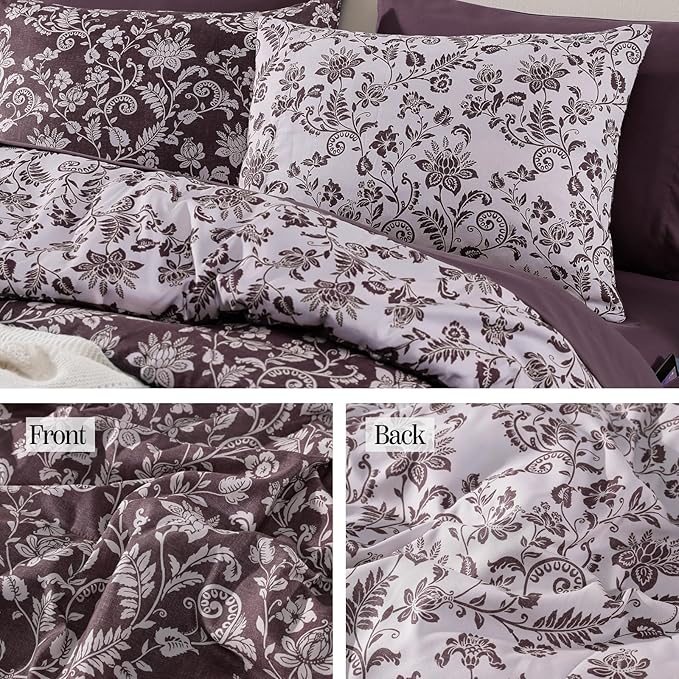 Full Comforter Set -7 Pieces Floral Dark Purple Comforter Set for All Seasons, Bed in a Bag Full with Botanical Flowers Comforter, Sheets, Pillowcases & Shams
