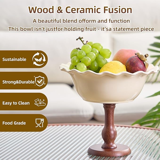 Vniltyc Ceramic Fruit Bowl for Kitchen Counter,Fruit Organizer Serving Bowls with Oak Wood Stand,Fruit Holder Big Bowl for Vegetable Storage,Home Decoration