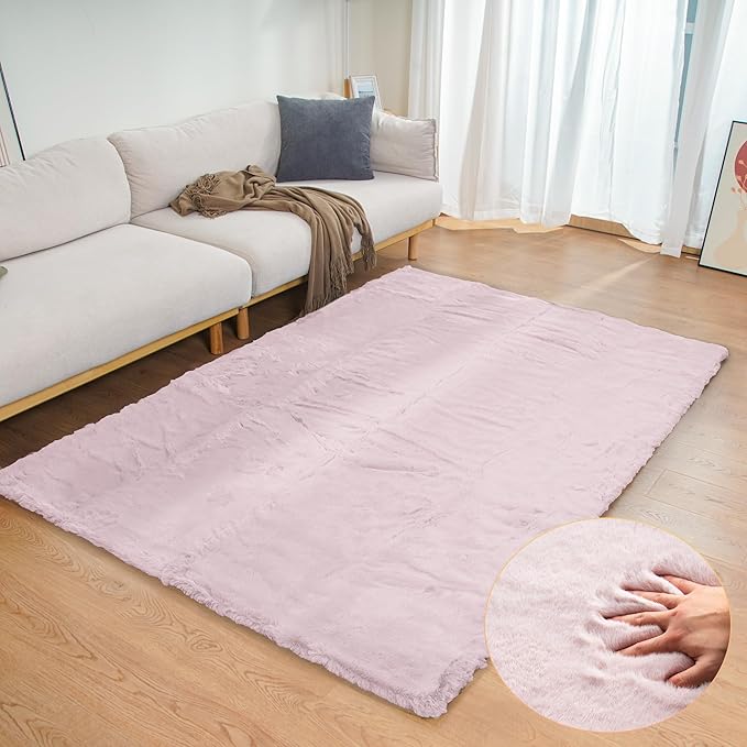 Pink Fuzzy Faux Rabbit Washable Fur Rug for Girls Bedroom 4x6 Shag Area Rugs for Living Room Boho Nursery Rug