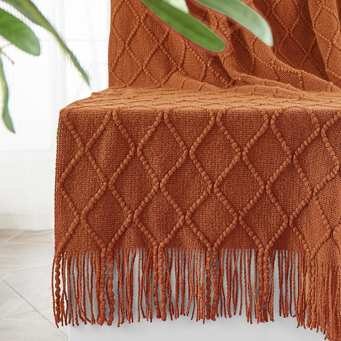 inhand Knitted Throw Blankets for Couch and Bed, Soft Cozy Knit Blanket with Tassel, Orange Rust Lightweight Decorative Blankets and Throws, Farmhouse Warm Woven Blanket for Men and Women, 60"x80"