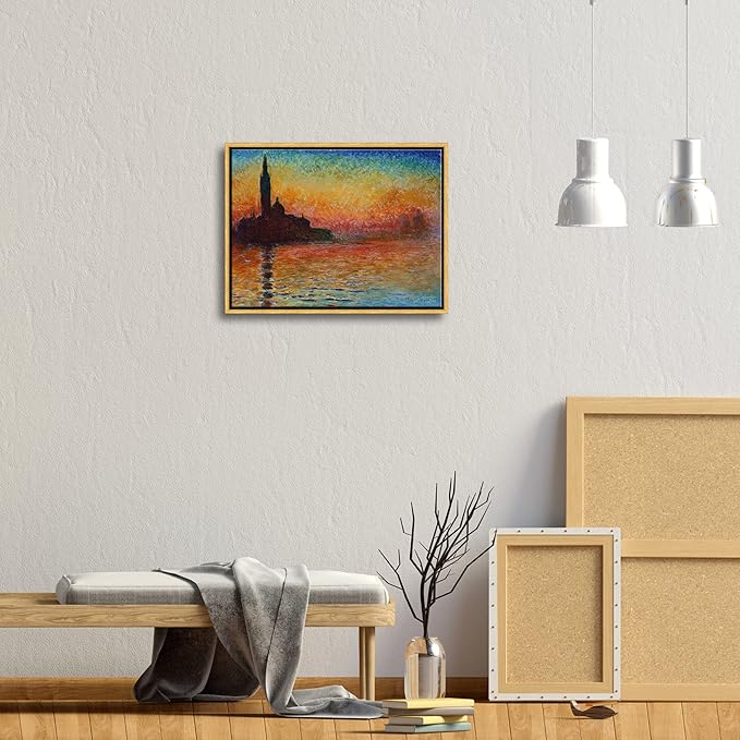 Wieco Art Framed Art Dusk in Venice by Claude Monet Oil Paintings Reproduction Modern Canvas Prints Landscape Pictures Artwork for Home office Decorations Bronze Gold Frame