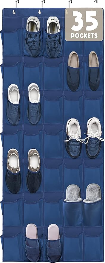 Over The Door Shoe Organizers 35 Mesh Pockets Hanging Shoe Organizer Shoe Rack For Door Closet Entryway Bedroom Bathroom Pantry - Shoe Holder Hanger For Sneakers, Women High Heeled Shoes Blue