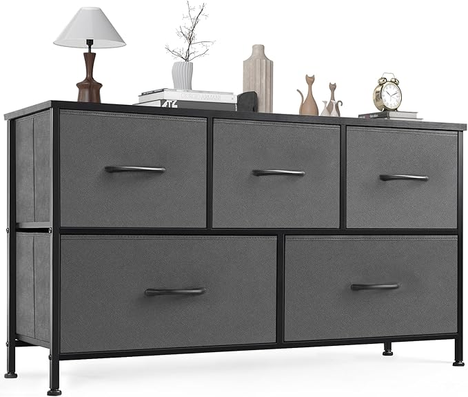 OLIXIS Dresser for Bedroom, 5 Storage Drawers, Wide Fabric Closet Chests Organizer Tower Furniture, TV Stand with Wooden Top Metal Frame for Clothes, Living Room, Hallway, Entryway, Classic Grey