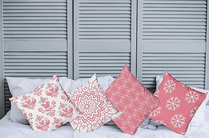 Ambesonne Retro Throw Pillow Cushion Case Pack of 4, Trellis Grid Medieval Floral Damask Mandala Flower Ornament in Modern Monochrome, Modern Accent Double-Sided Digital Printing, 20", Pastel Pink