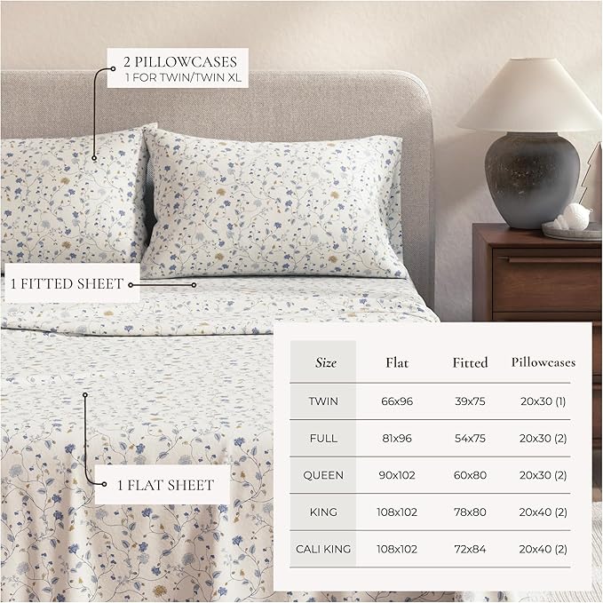 Great Bay Home Flannel Sheet Set California King Size - 100% Turkish Cotton, Double-Brushed, Winter Floral Bed Sheets - Ultra-Soft, Cozy, 4-Piece Bedding Set (Quiet Garden)