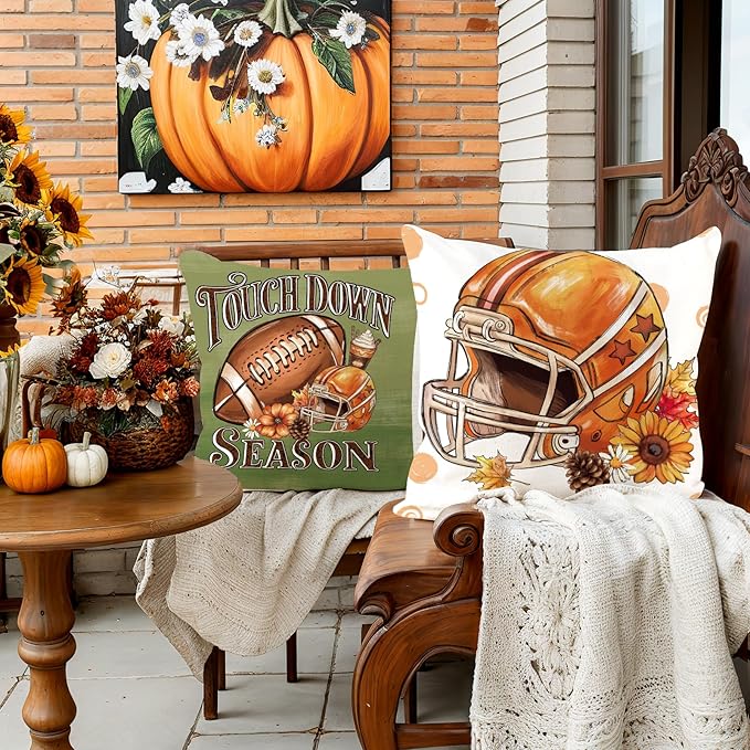 Fall Pillow Covers 16x16 Set of 4,Football Velvet Throw Pillows Farmhouse Autumn Pillowcases Decorative Home Decor for Couch Sofa, Porch Bed Living Room Fall Home Decorations