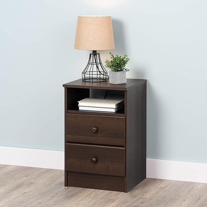 Prepac Astrid Simplistic Nightstand Side Table with 2 Drawers and Open Shelf, Functional Bedside Table 15.5" D x 16" W x 24.5" H, Espresso, EDNH-0402-1