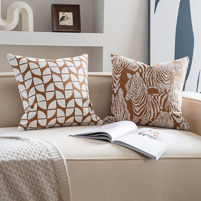 Premium Throw Pillow Covers 18x18 Inches - Tawny Birch Geoleaf Chenille Jacquard Embroidery Decorative Couch Pillow Covers for Living Room Bedroom Sofa Home Décor