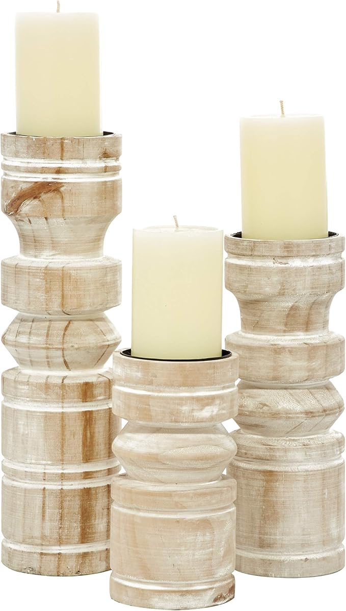 Deco 79 Wood Pillar Candle Holder with White Wash Finish, Set of 3 14", 11", 8"H, Brown