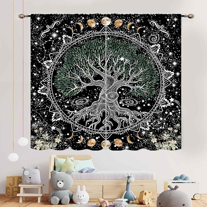 Life Tree Curtains, Hippie Sun Moon Trippy Tree of Life Bohemian Mandala Aesthetci Mystic Witchy Blackout Window Drapery Treatments for Bedroom Living Room Bathroom Decor, 52"x84" Inch