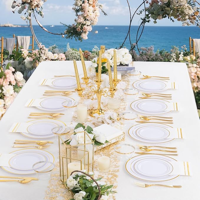 GATHER 700PCS Gold Plastic Plates - Whtie and Gold Disposable Dinnerware Sets 100Guest - 200 Disposable Plate, 300 Plastic Silverware, 100 Cups, 100 Napkins for Wedding & Party & Thanksgiving