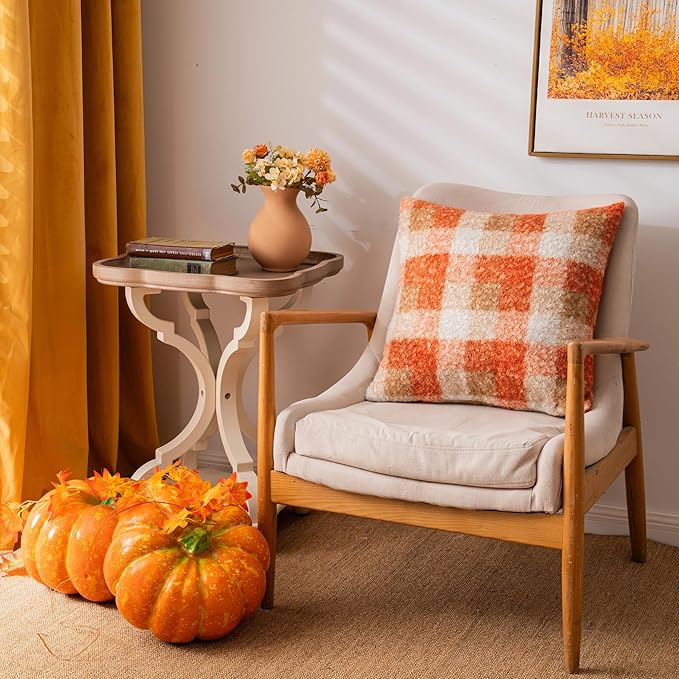 Orange Plaid Fall Throw Pillow Covers 18x18 Inch Set of 2, Boucle Decorative Pillow Covers,Cozy Fluffy Home Living Room Farmhouse Decor for Sofa Couch Bed