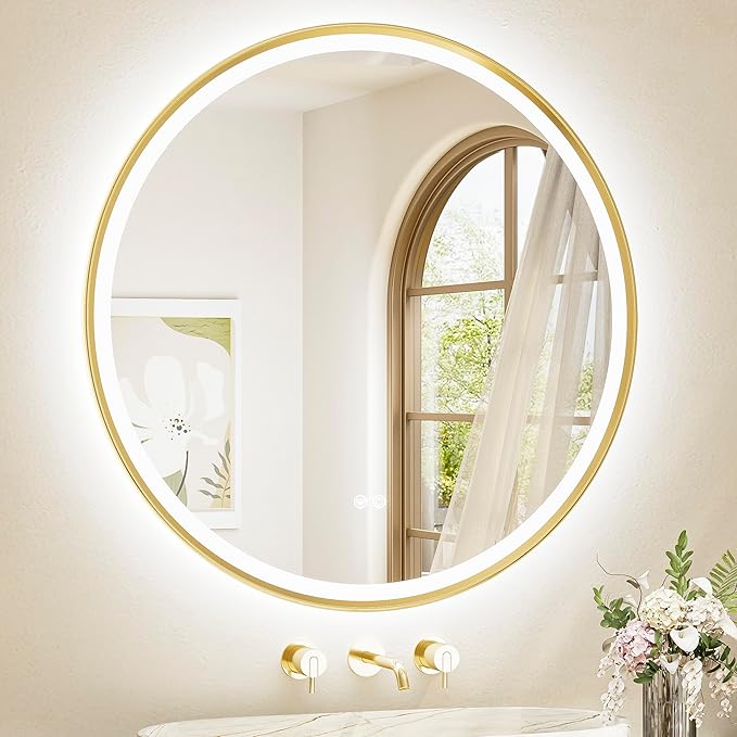 TETOTE Gold Led Round Mirror with Lights 36 Inch Metal Framed Round Circle Lighted Bathroom Vanity Mirror Wall Mounted, Front and Backlit 3 Color Stepless Dimmable Anti Fog, Shatterproof, CRI 90+