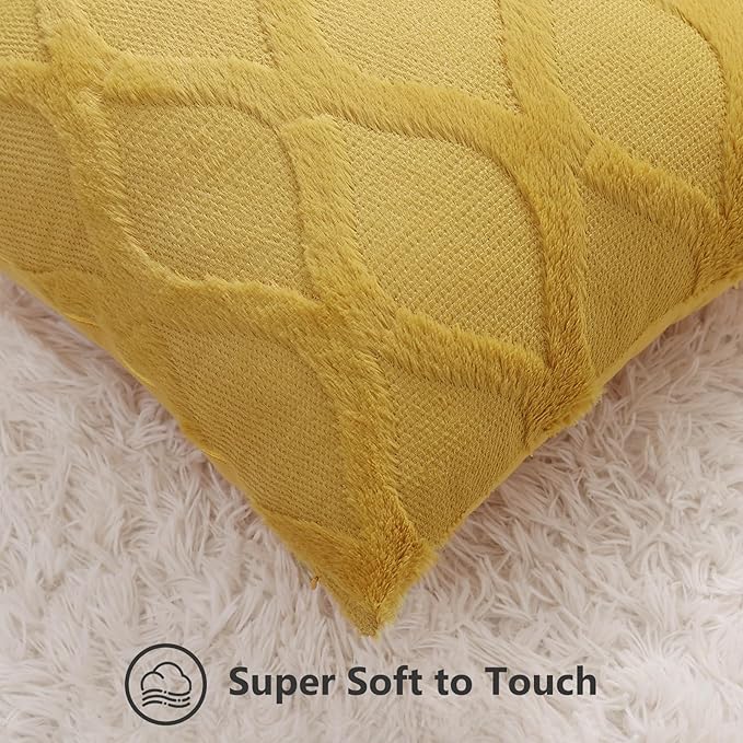 decorUhome Throw Pillow Covers 22x22 Inch Set of 2, Soft Plush Faux Fur Wool Mustard Yellow Couch Pillow Covers, Decorative Neutral Pillow Cases for Bed Sofa Living Room Home Decor