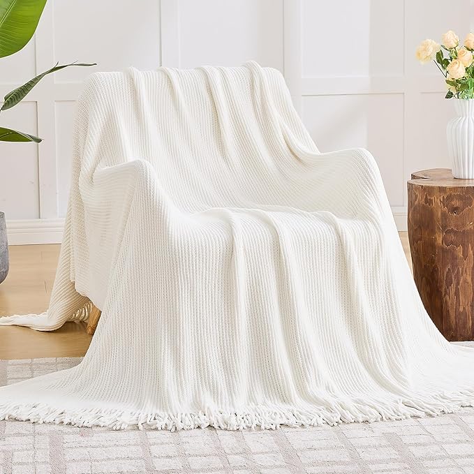 inhand Throw Blanket for Couch Bed,Chunky Chenille Woven Soft Blankets with Tassels,Cozy Boho Farmhouse Fall Winter Decor,Warm for Women,50"x60",Medium Thick-Off White