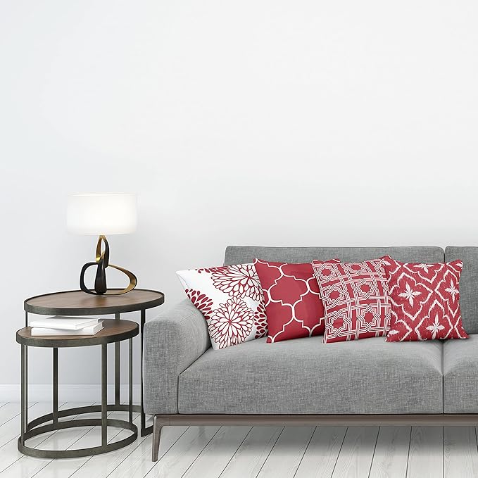 Ambesonne Vintage Throw Pillow Cushion Case Pack of 4, Monochrome Design Grid Trellis Quatrefoil Mesh and Dahlia Flowers Modern Print, Modern Accent Double-Sided Digital Printing, 20", Ruby and White