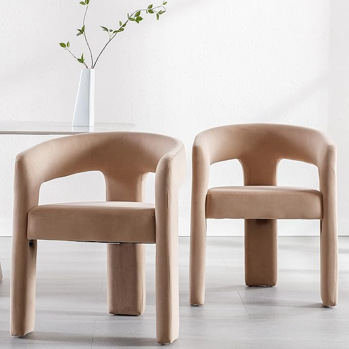 Modern Barrel Dining Chairs Set of 4, Velvet Upholstered Accent Side Chair with Arms Comfy Makeup Vanity Chairs, Dining Living Room Kitchen Chairs, Khaki