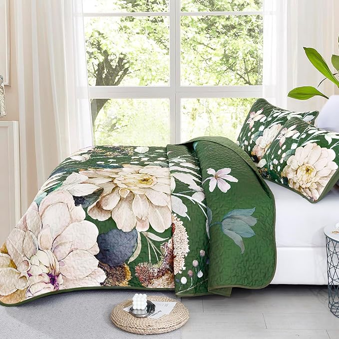 Drucon Floral Quilt King Size - 3 Pieces Green Quilt Botanical Bedspread Soft Lightweight Flower Bedding Set for All Season (104"x90")