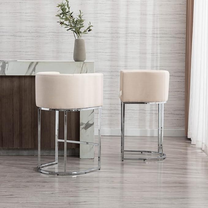 Modern Counter Height Linen Upholstered Bar Stools Set of 3, 29" Kitchen Counter Island Stools Bar Chairs with Chrome Finish Metal Frame for Kitchen Island, Cream