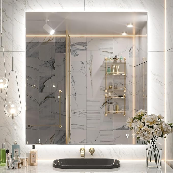 Keonjinn Bathroom Mirror with Lights 32 x 36 Inch, LED Mirror with Backlit, Anti Fog Lighted Mirror with Stepless Dimmable, UL Listed LED Driver, IP44 Waterproof, CRI90+, HD Tempered Glass